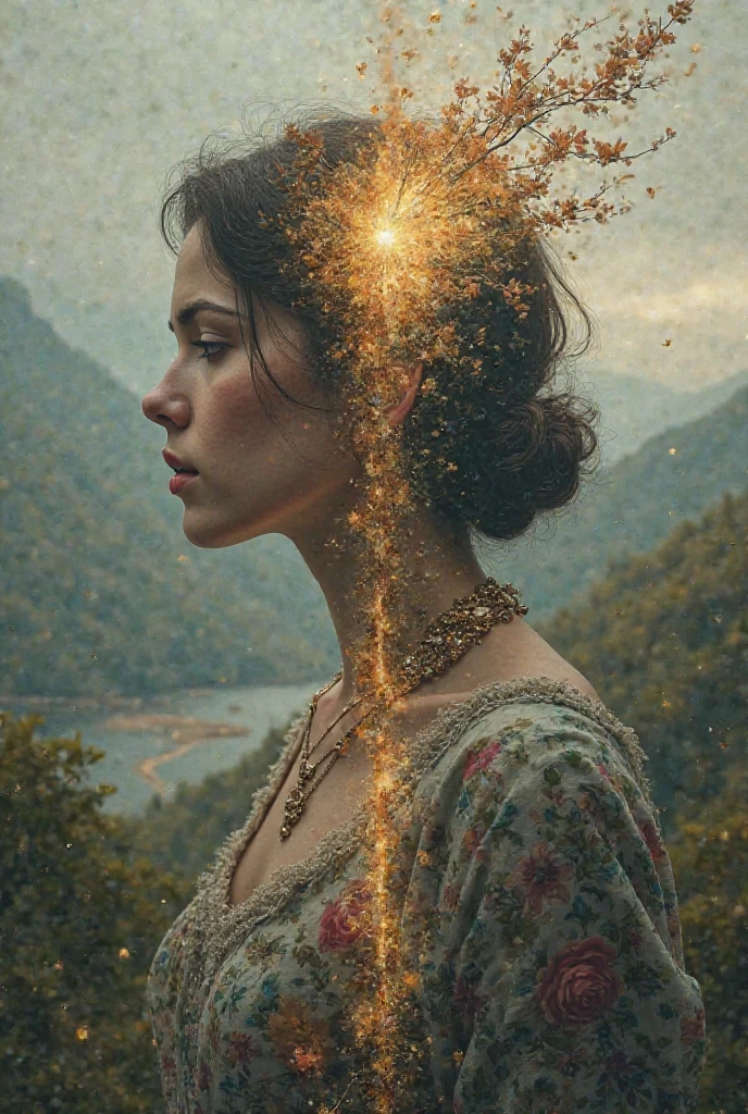 I want a picture that includes the four chapters in the heart of one person. Make it realistic and beautiful