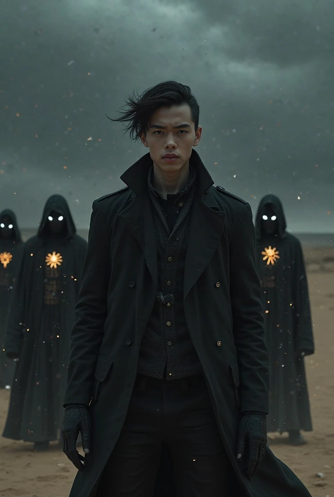 A mysterious young man with sharp features wearing a long black trench coat standing in a desert under a dark stormy sky, with several hooded figures behind him, wearing black robes with glowing white eyes and glowing ancient symbols on their chests. The atmosphere is cinematic, dark, and slightly surreal, with particles floating in the air. The style is hyper-realistic, moody, with soft shadows, dramatic lighting, and a mystical vibe. The scene looks like a fantasy movie poster.