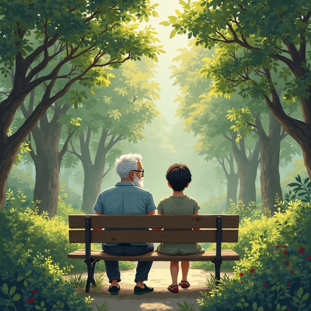 man with short white hair and short white beard sitting on a bench with a woman with short black hair behind trees and hedges through which the sun filters