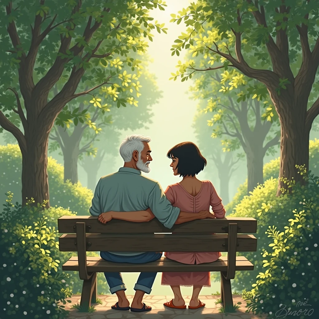 man with short white hair and short white beard sitting on a bench with a woman with short black hair behind trees and hedges through which the sun filters