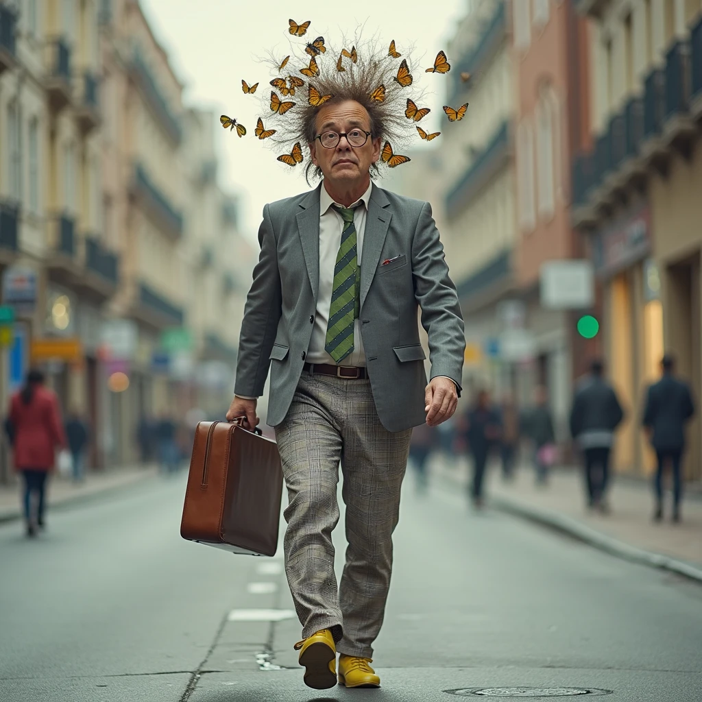 A quirky businessman walks importantly down the street with a butterfly net on his head. His hair sticks up through the holes in the net. One shoe is yellow, the other is green. He wears checkered trousers and a wrinkled gray jacket. He holds a briefcase in one hand.