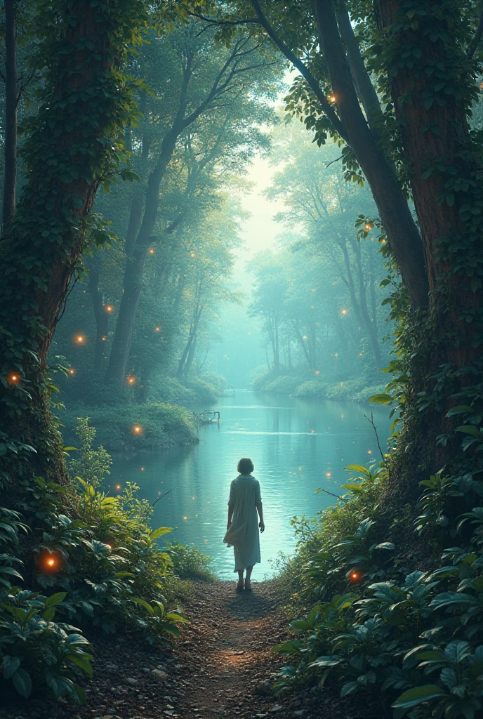 He enters the door and sees a forest full of floating lights and the lake that reflected the sky like a mirror