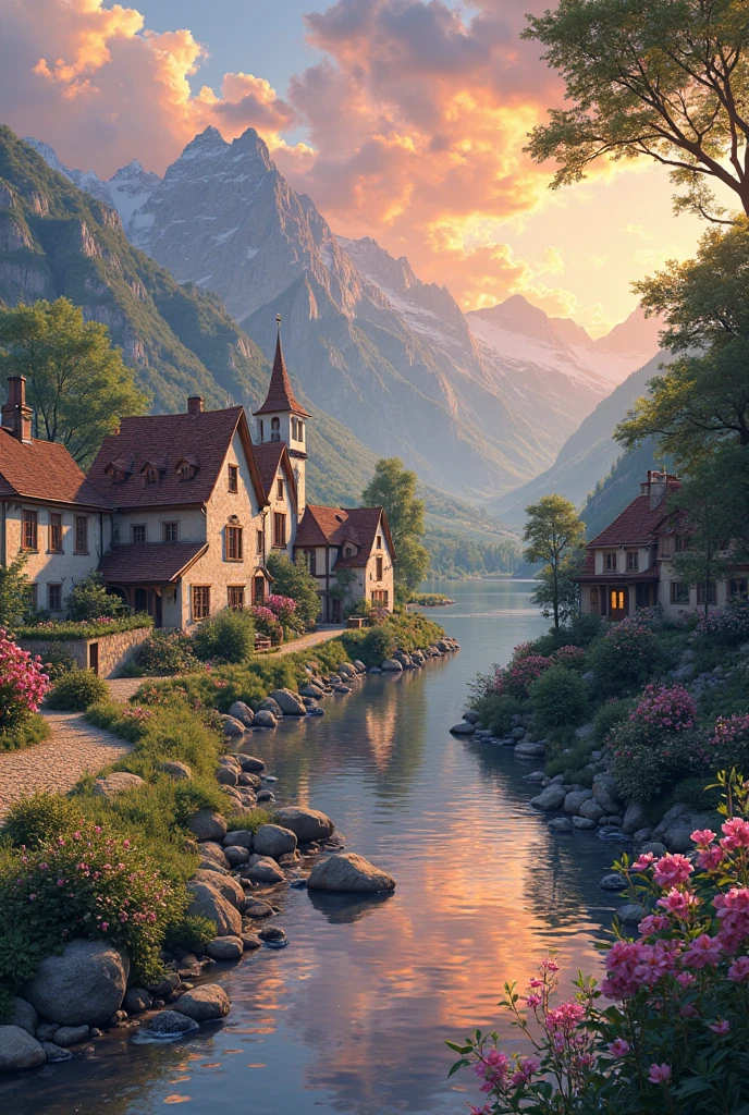 a small village by the river, mountains in the background, fleurs florales colorées,  detailed landscape , Beaux paysages naturels, atmospheric lighting, coucher de soleil brûlant, warm colors, pratique, photorealistic, Detailed foliage ,  complex buildings, Cobblestone street, Charming country house, bright swirling colors, lush vegetation,  Reflections of still water, Pittoresque, idyllique,  work of art, best quality, 8k, extremely detailed, style anime.