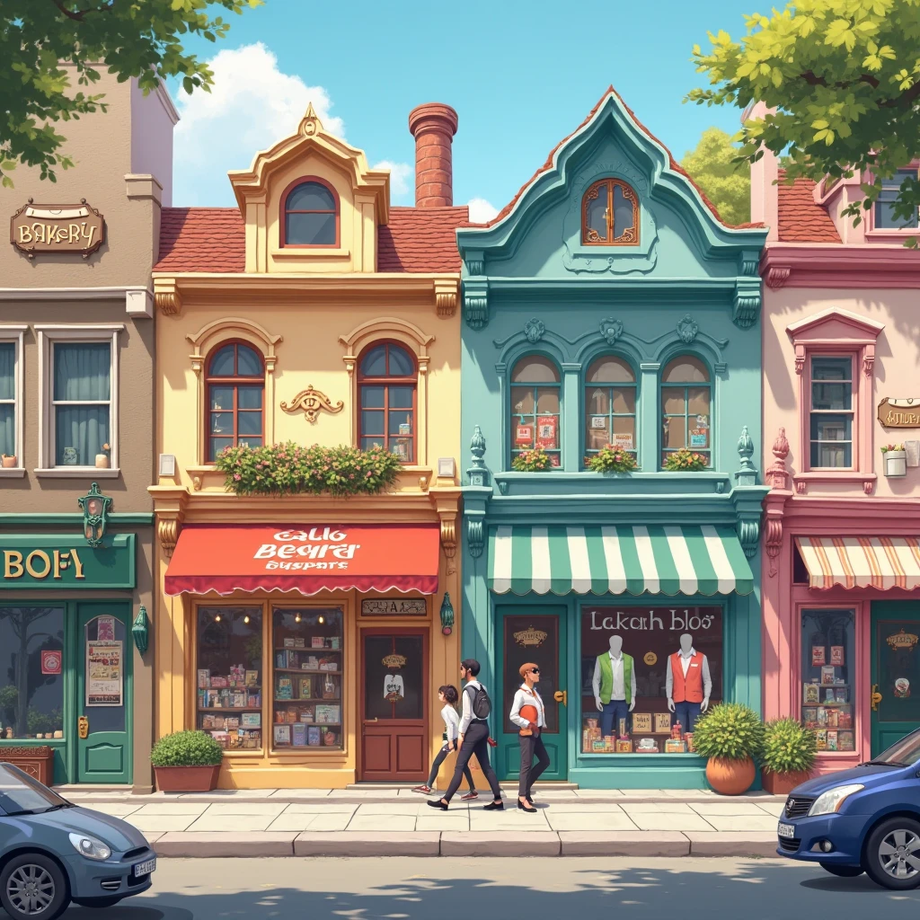 make a bakery shop stand opposite to a clothes shop