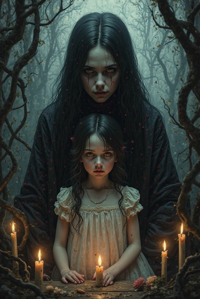 Three girls in Gothic costumes are holding candles and praying, black magic spells, scary horrifying satanic rituals, spell casting, spell casting wizard, Wicca, Bruxas, com poderes de magia negra, !5 three eyed goddesses, em vestes roxas escuras, 3 sisters look into the mirror, Kramskoi 4 mil, holy flame spell, Wiccano, little girl with magical powers