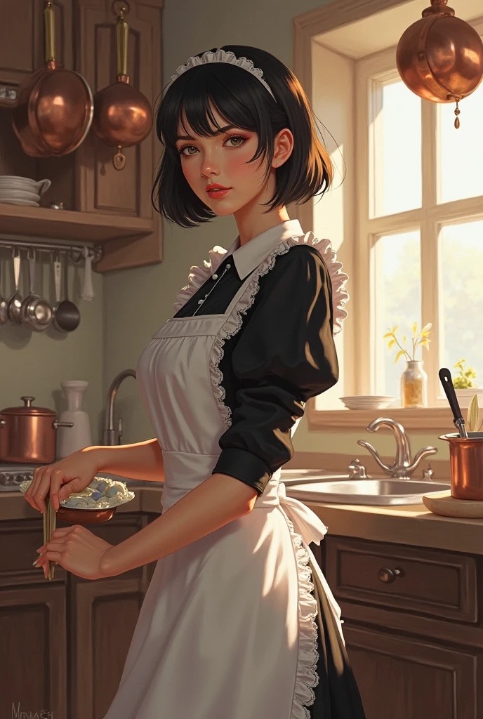 femme brune dans la cuisine en tenue de soubrette