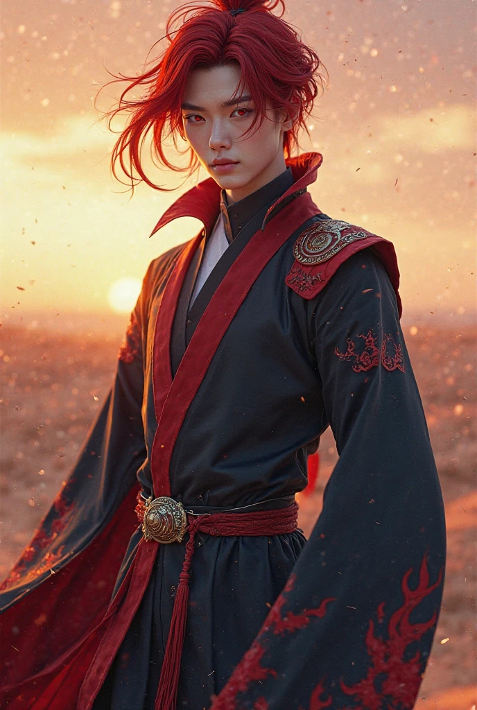 
in his s to 20s
His humanoid appearance has cool eyes and white, smooth skin, Dark red hair, with red eyes, and, creates a cool yet mysterious atmosphere. The eyes are as far and quiet as the evening sky in the desert, The inside contains blazing heat and the weather of the sky.

The costume is an oriental-style combat suit. A lightweight coated coat that combines dark red and dark navy blue colors, has a sleek yet refined silhouette. The hem of the garment is softly embroidered with the shape of clouds and flames., His eyes are as far and quiet as the evening sky in the desert. A thin metal belt at the waist, He has a decoration with a flame pattern engraved on his shoulder.

Man with a height of 198 and a body weight of 76 kg