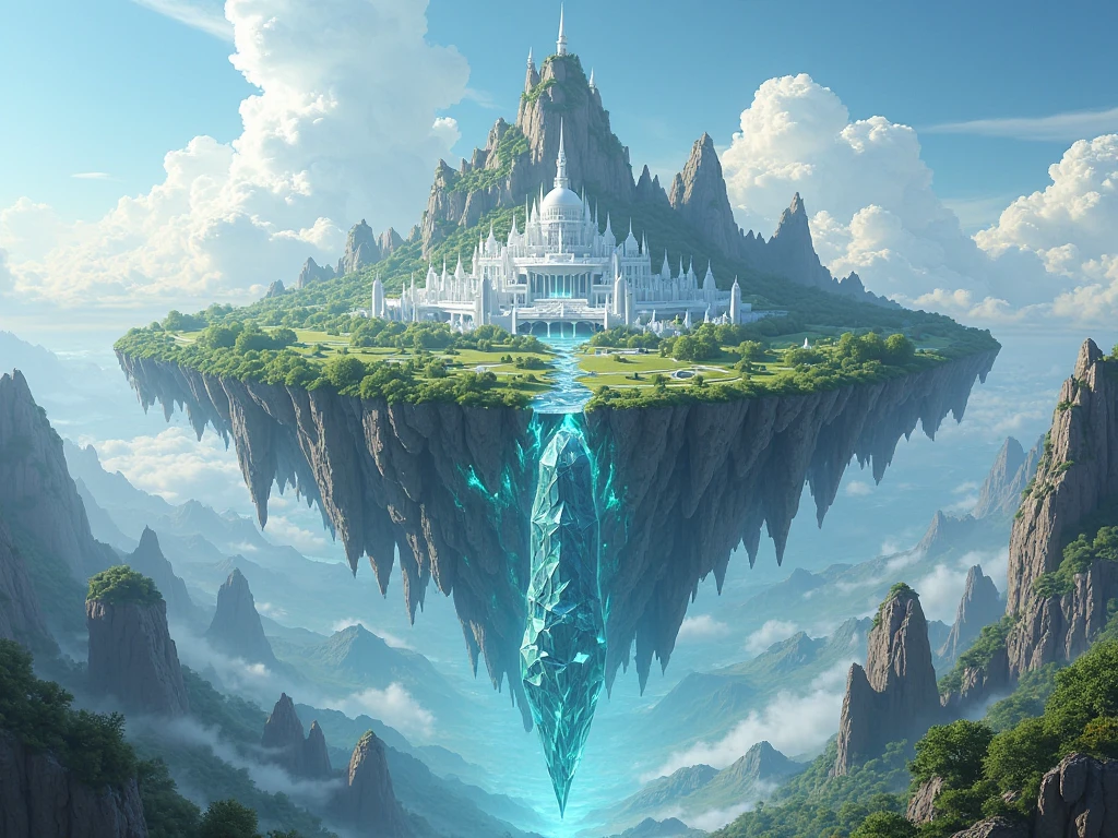 a large floating island with mountains and vegetation and with large crystals underneath the island, with a white city in the middle
