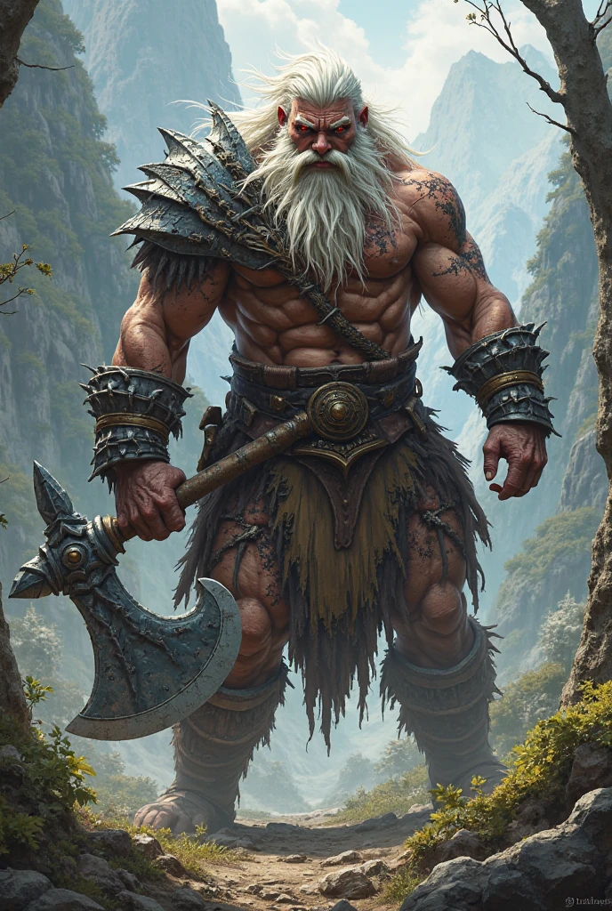 Create a barbarian rpg character, human with a large scar on his face covering both eyes making him almost blind in both eyes, White hair, medium length curly, is holding two axes in his hands, and on his back a large axe