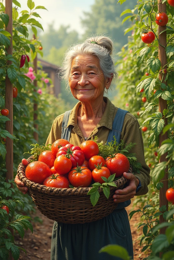 A picture of fresh produce from Lola Ising's garden – tomatoes, chili peppers, and other vegetables.