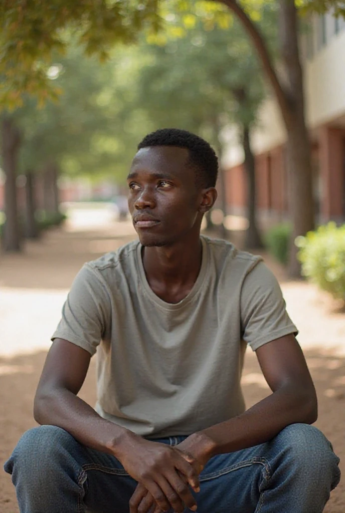 (photorealism:1.2), black sixteen years old boy, sitting on an outdoor bench, wearing a T-shirt, jeans trouser, responsible haircut, outdoor, soft lighting, college background, neutral pose, realistic, intricate details, warm colors.