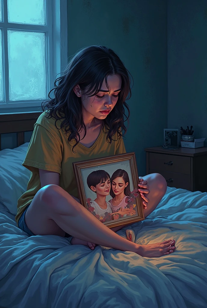 A woman sitting alone on a bed in a dim room, holding a photo of her and her best friend, tears in her eyes, empty space beside her, strong sense of betrayal and grief In cartoon form