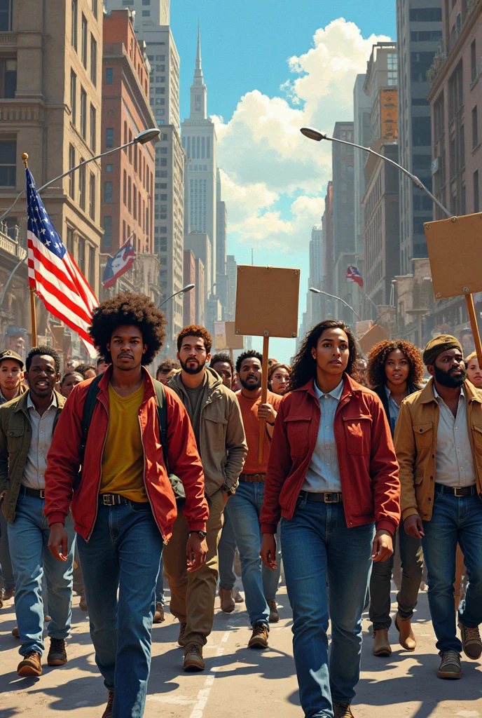 Create a scene showing families asking for justice in the streets of USA in the 1970s