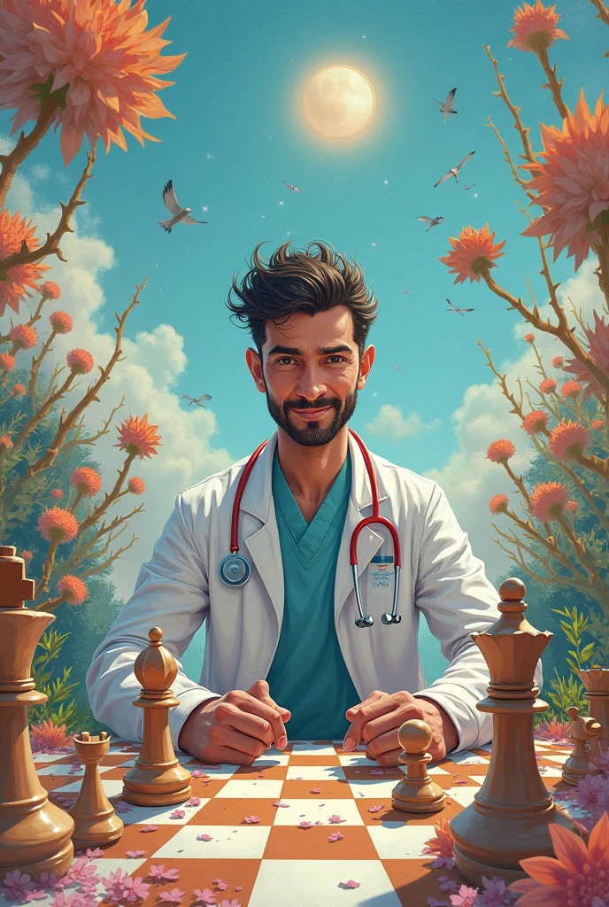 Surreal drawing on an A4 sheet horizontally to me wearing doctor's clothes playing chess in animated 2d 