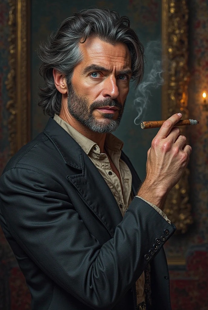 Baron with piercing blue eyes, dark hair with a small glimpse of gray hair. Dressed bohemian-style, cigar in hand