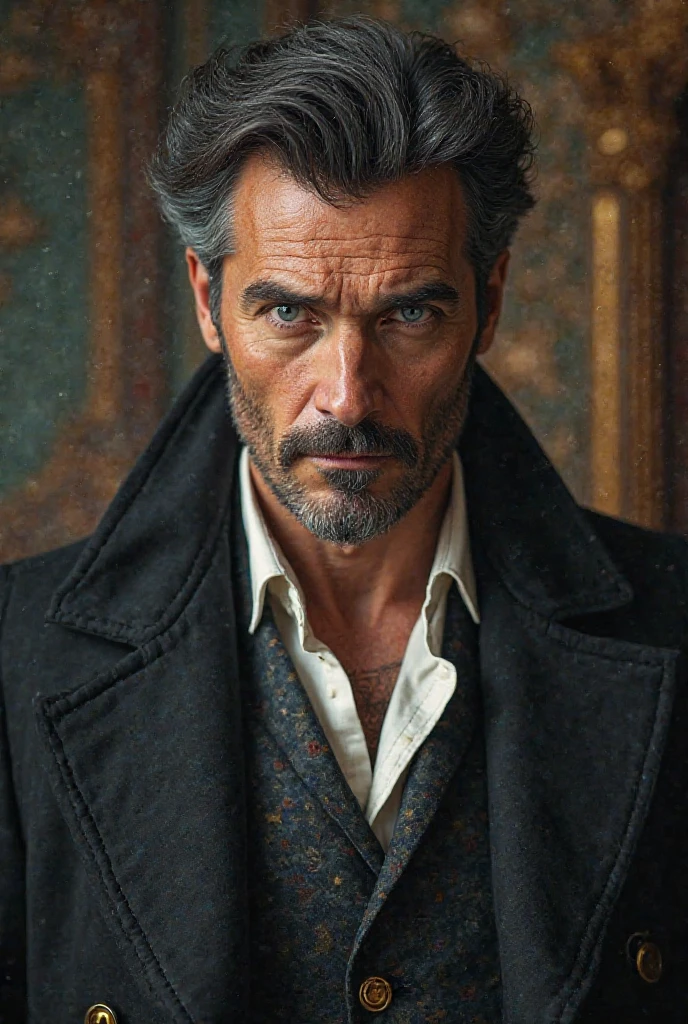 Baron with piercing blue eyes, dark hair with a small glimpse of gray hair. Dressed bohemian-style, cigar in hand