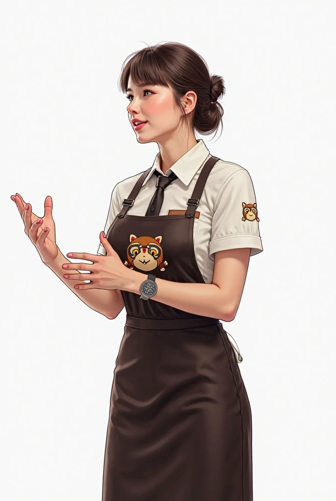 photorealism. white background, isolated background, European-looking girl, 25 years old. neat hairstyle, restaurant employee uniform "tanuki ", actively talks,  gestures 