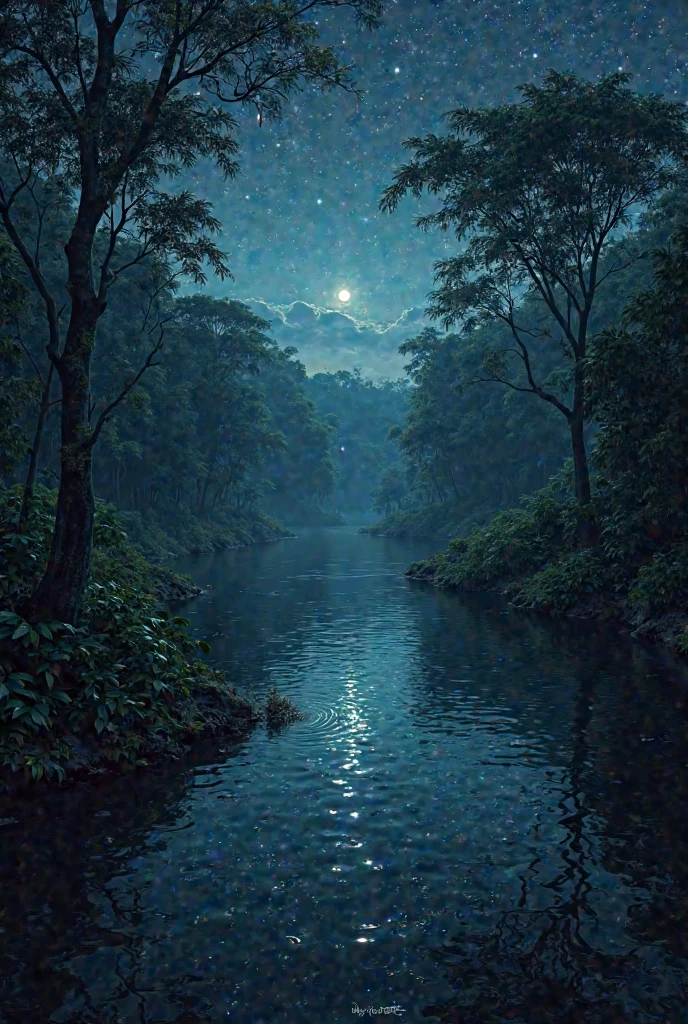 Ultra realistic image. Amazon River at night, Giving an atmosphere of tension, 