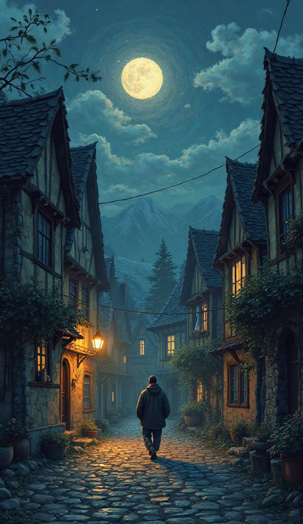 Un homme marche dans la nuit dans un village abondent 