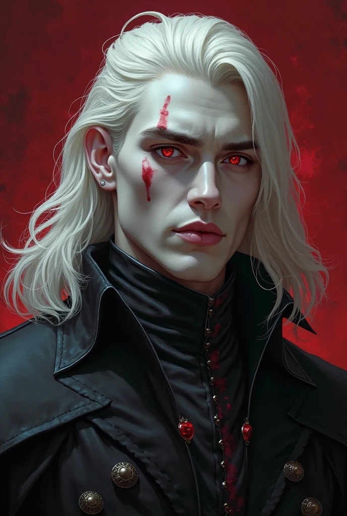 Create the image of the vampire Caius Volturi with the description of his appearance described in the books as a fiercely charming vampire, with pale and translucent skin , Shoulder-length snow-white hair and dark red eyes