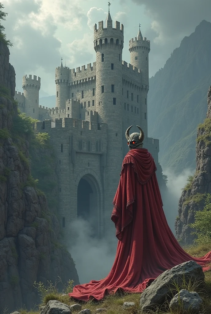 I want a picture of a castle guarded by a masked warrior wearing a red robe