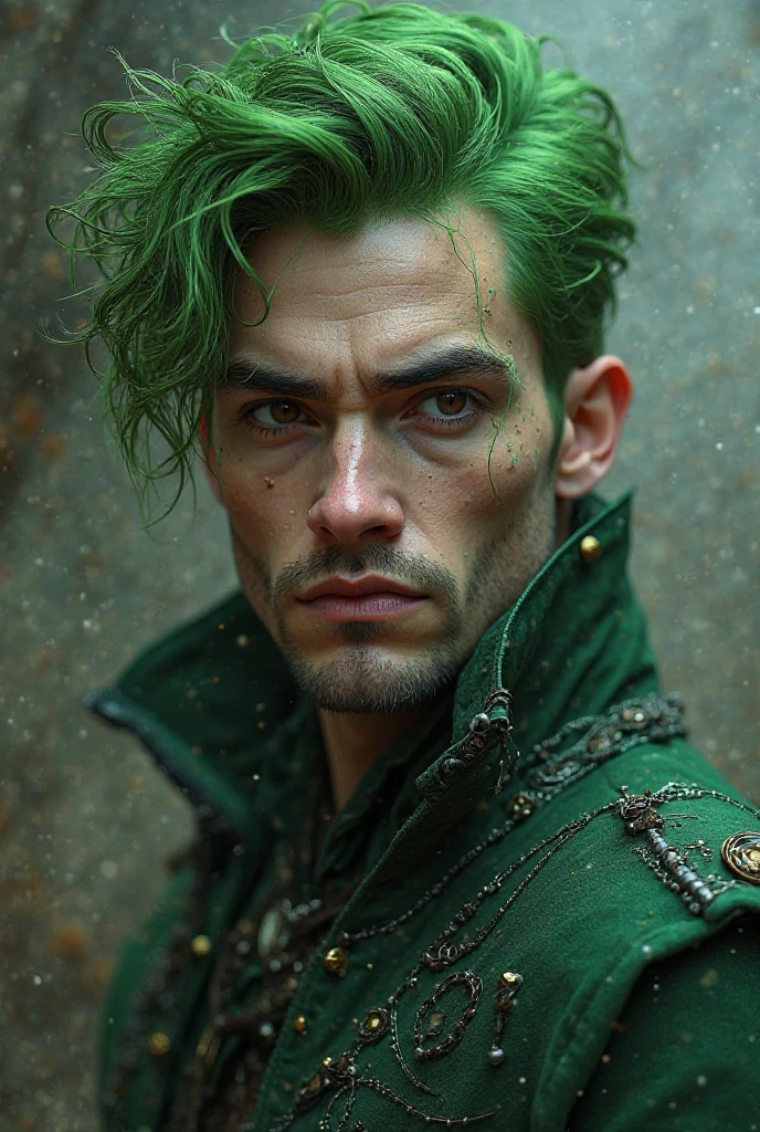  A  man with green hair, brown eyes and green clothes mixed with balsamic 