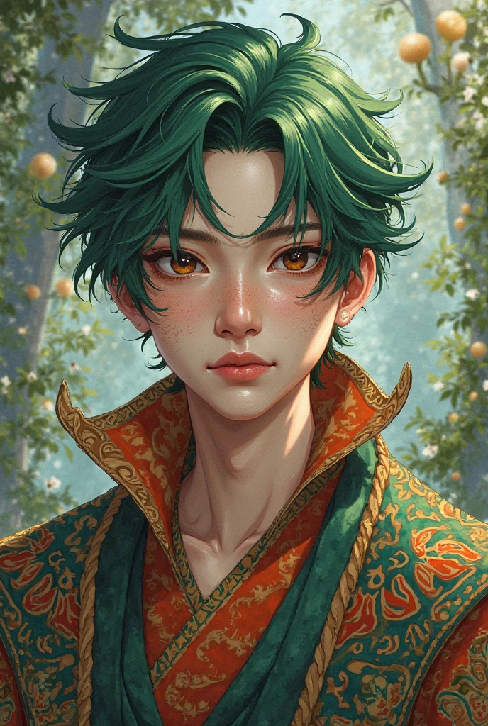  A  young man with green hair, brown eyes and his clothes are mixed with Balsamawi and anime