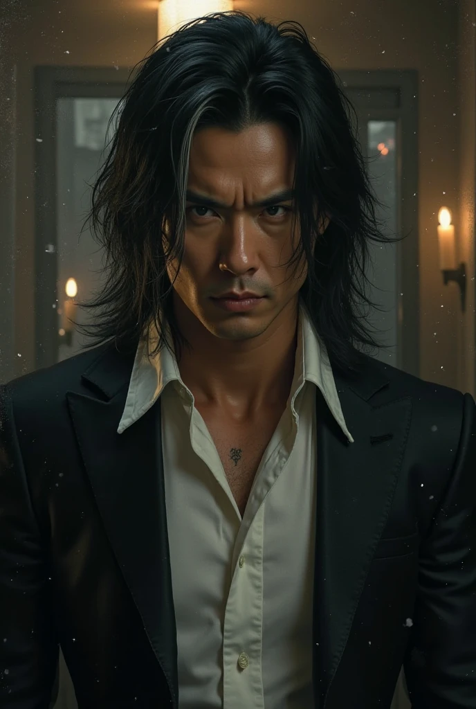 Korean mafia boss, black long hair with a white strand on the left in a white shirt and stylish black suit