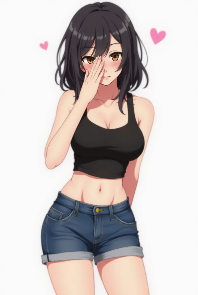 Close up shot of a sultry, stunning woman with a captivating gaze and flawless makeup, childhood best friend glowing up, accentuated by her black tank top and black short shorts, showcasing her alluring figure with thick thighs and wide hips, exuding a provocative aura.