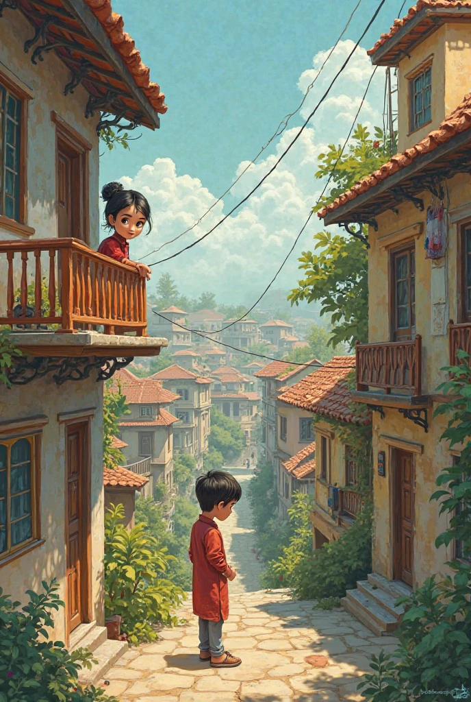 Create a gibili art image where a Pakistani girl seeing a guy through her terrace they both should be 18yrs