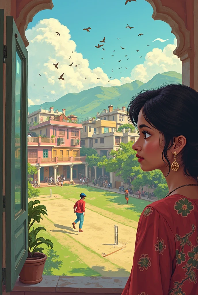 Create a gibili art ager Pakistani girl seeing a guy through her terrace while the guy is playing cricket they both should be 18+