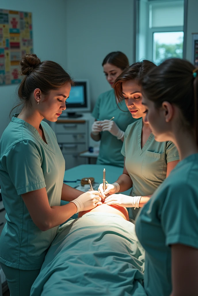 Female gynecologist opening shaved vagina of naked teenage patient lying on the table with right hand in mouth and fingers between teeth while mother takes care of her