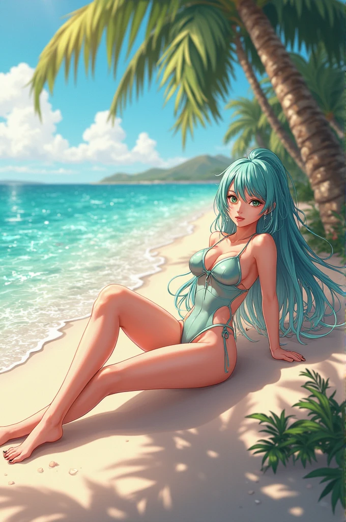 Ram-chan,invader,Very tiny tiger stripe bikini, There are so many horizontal stripes in bikinis,Face forward and spread your legs wide., Big Ass,Resort Beach, sun, Highest quality, High definition, Variegated eyes, Beautiful Eyes, beautiful girl, Large Breasts, blush,(Two small demon horns on the head),Sunlight shining from the front,Big Breasts,The swimsuit is digging in.Has horns on its head,smile,Hair is turquoise blue,Mouth open,I can see the fangs,