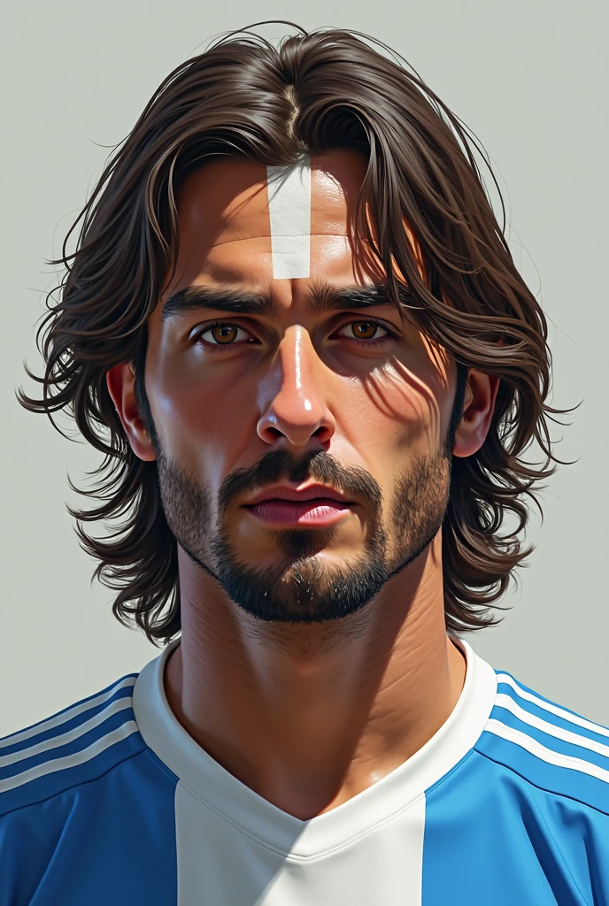 Nicolaz Bisonte, Uruguayan with the Uruguayan jersey, long brown hair, a white stripe on the forehead, black eyes and a small beard