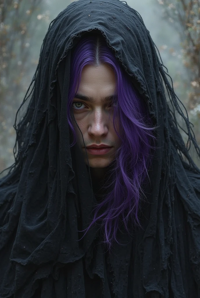 Man with black hair ends, purple hair, black eyes, black, wearing anime black veil