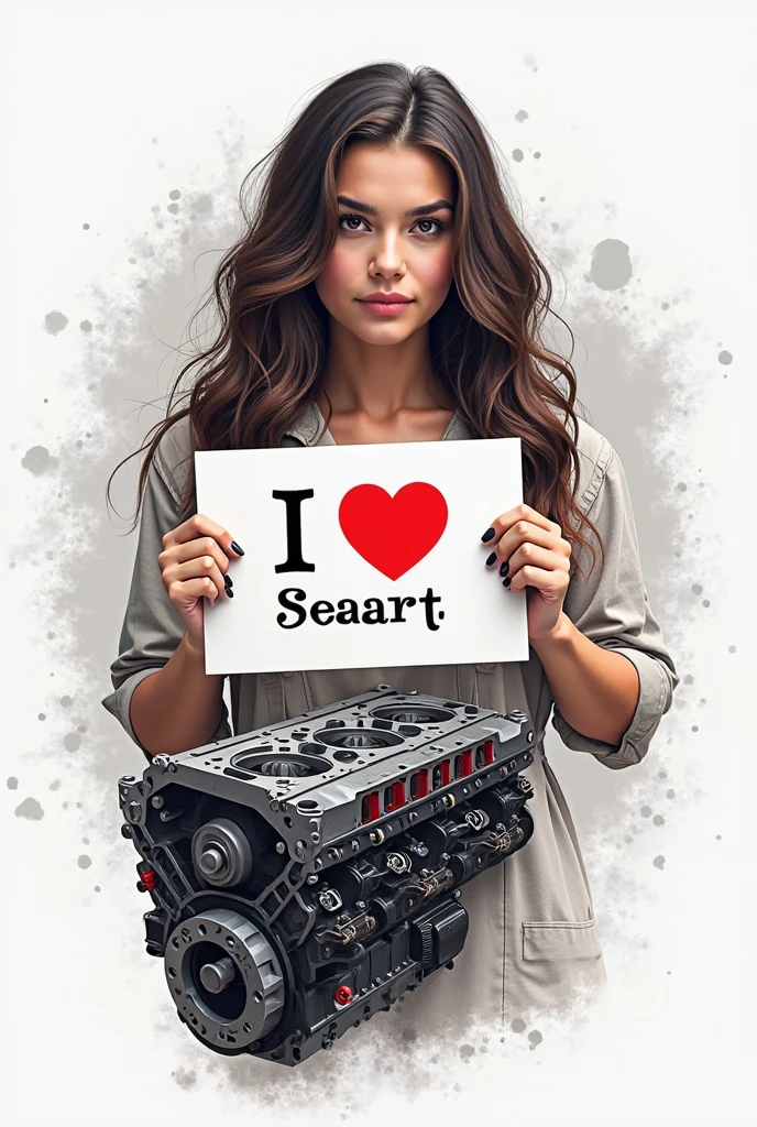 Photorealistic portrait of a young Russian woman with long, straight brown hair and big brown eyes. She's confidently leaning against a toolbox in a well-lit car repair shop, wearing a black, white, and very short T-shirt that reveals a hint of her midriff. She has tight black leggings on and is holding a wrench in a relaxed pose. There are scattered tools and car parts in the background.