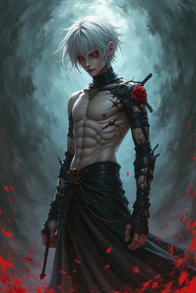 create an anime image of male demon with grey skin, slim, with black wing and black horn wielding one black sword with a good scenery background