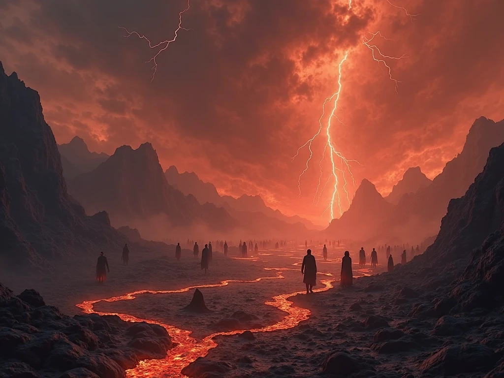 "please, creates an extremely realistic cinematic image of hell. Imagine a vast and terrifying landscape with large lakes of molten lava and mountains of dark, sharp rocks. The sky is covered by twisted, reddish clouds, with lightning illuminating the landscape. There are gloomy and demonic figures walking across the burning earth, and thick heat floats in the air while you can see lost souls. Everything is shrouded in an apocalyptic environment full of shadows, creating an atmosphere of despair and terror." Close-up of many screaming in pain