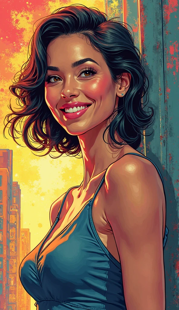 A comic book style illustration of an adult American woman, sorrindo. Half-body image. very colorful and vibrant background. wearing a discreet dress