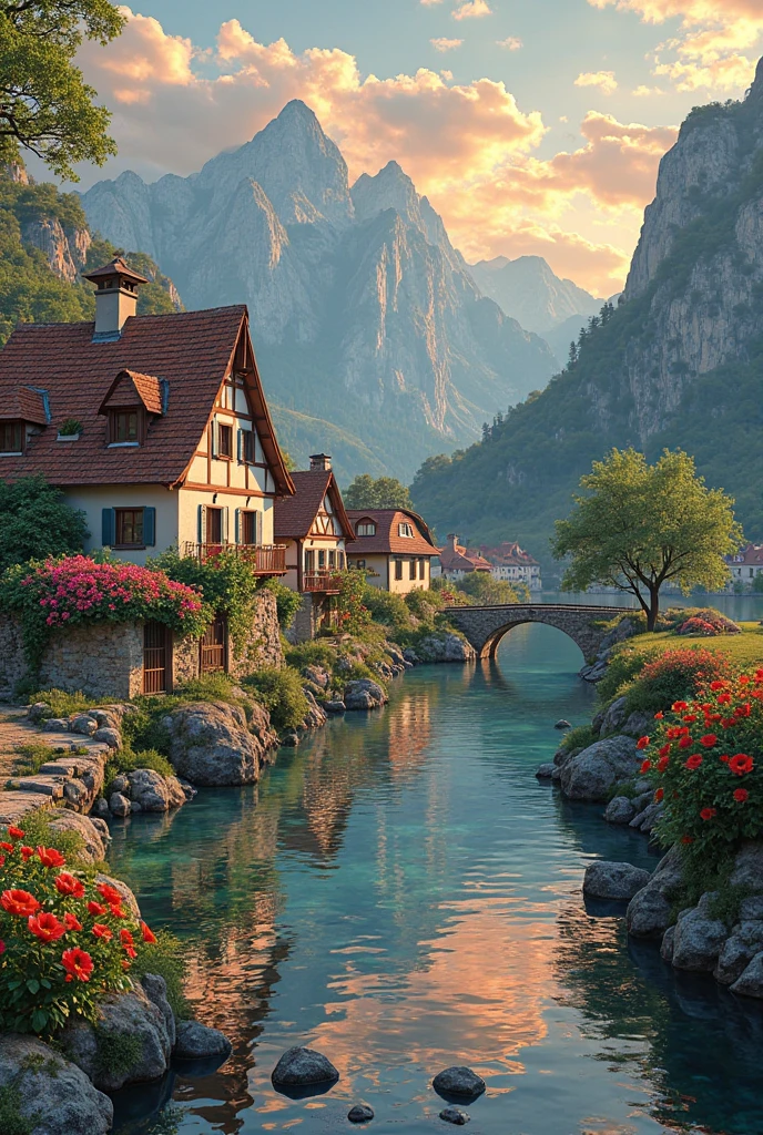 a small village by the river, mountains in the background, floral flowers colorful, detailed landscape, Beautiful natural landscapes, atmospheric lighting, scorching sunset, warm colours, practical, photopractical, Detailed Foliage, complex buildings, cobblestone street, Charming country house, swirly vibrant colors, lush vegetation, Still water reflections, Picturesque, idyllic, work of art, best qualityer, 8k, extremely detaild,anime styling