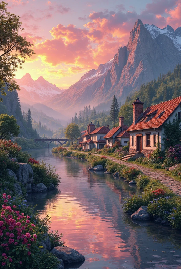 a small village by the river, mountains in the background, floral flowers colorful, detailed landscape, Beautiful natural landscapes, atmospheric lighting, scorching sunset, warm colours, practical, photopractical, Detailed Foliage, complex buildings, cobblestone street, Charming country house, swirly vibrant colors, lush vegetation, Still water reflections, Picturesque, idyllic, work of art, best qualityer, 8k, extremely detaild,anime styling