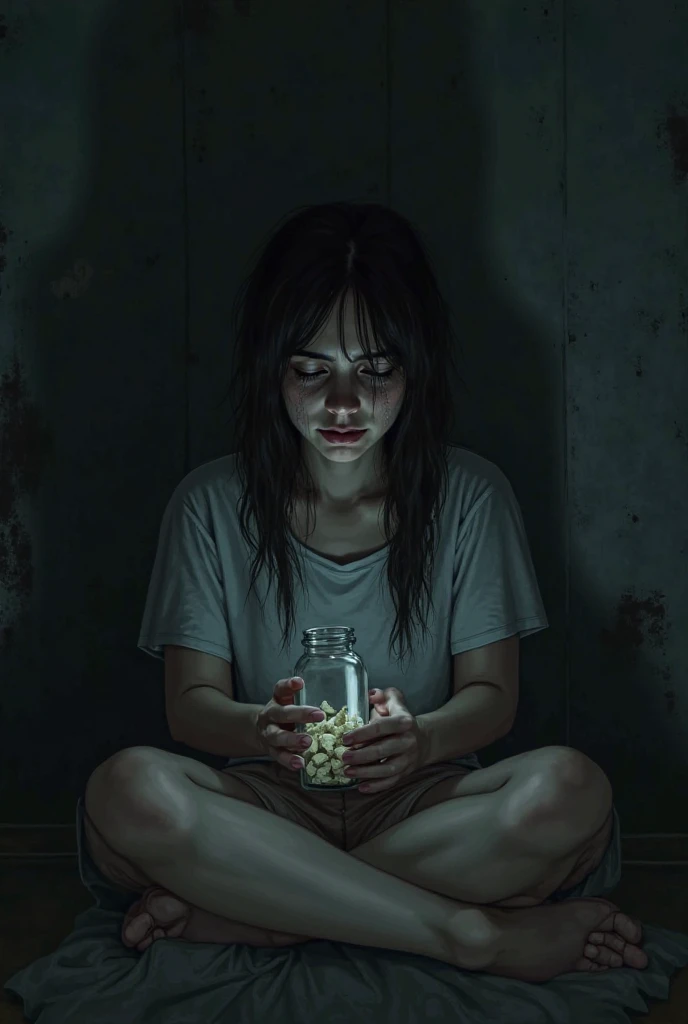 A sad girl with a bottle of pills
