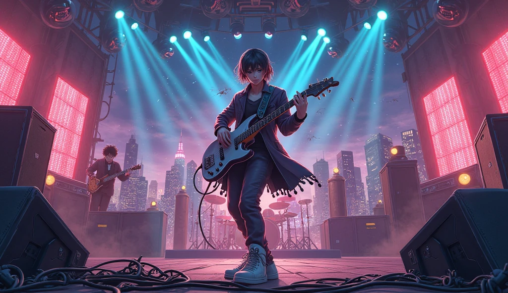 cahaya kota、 band rock 、 gitaris 、sorot lampu、Anime illustration inspired by Makoto Shinkai、Background is a stage set