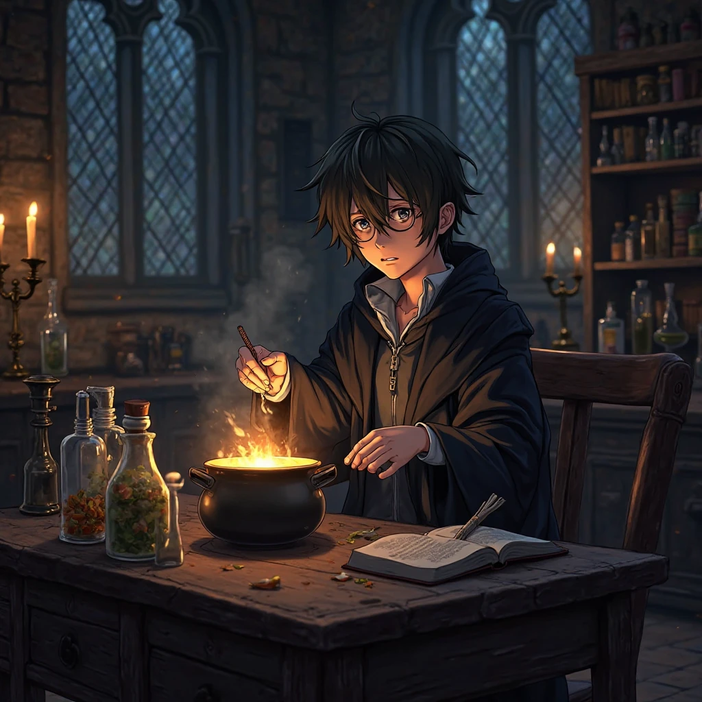 Portrait of Kirito from Sword Art Online in a Harry Potter-themed setting, wearing a dark Hogwarts-style wizard robe with silver trim, seated at a wooden desk in a dimly lit potion classroom. He’s carefully brewing a glowing potion in a cauldron, surrounded by magical ingredients, old books, and potion bottles. A wand rests nearby. The atmosphere is mysterious and magical, with warm candlelight and Gothic arches in the background. Anime-style, highly detailed, cinematic lighting