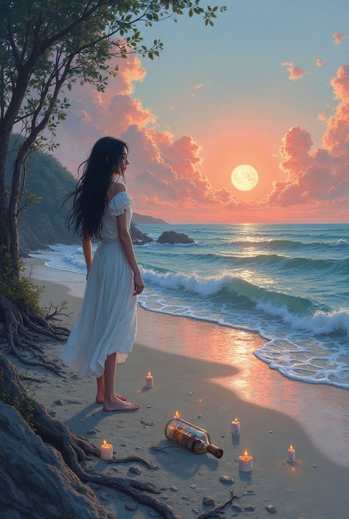 lustrated book cover. A melancholic, dreamlike scene at sunset on a Pacific coast. In the foreground, an old glass bottle partially buried in the sand, containing a rolled parchment with faded ink. A lone young woman (Itzel) stands near the shoreline, wearing a flowing white dress that billows in the ocean breeze, her long dark hair also flowing. She gazes toward the horizon where the sky meets the sea — a moment frozen between longing and hope. The beach is framed by dark mangroves on one side, and scattered, extinguished candles float gently in the water near her feet. The sky is painted in soft pastels — pinks, oranges, and purples — with a full moon beginning to rise. The overall mood is poetic, nostalgic, and subtly magical. Artistic style: high-detail digital painting, soft light, slightly surreal, romantic realism.

