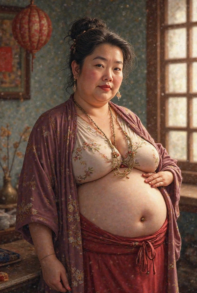 Gorgeous chubby pregnant woman, updo hair, (bikini), outdoor Japanese garden, bbw, morbidly obese, round protruding belly, weight gain, (high quality lighting),