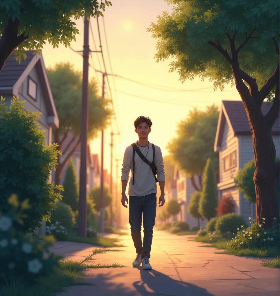  Andres walking back home, with a calm smile on his face, reflecting inner peace.