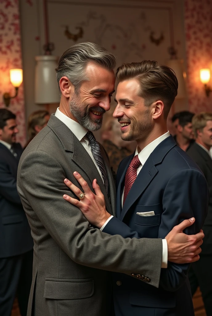 An older man with gray hair who is wearing a suit and formal clothing in which this man is receiving oral sex from a younger, handsome boy.
