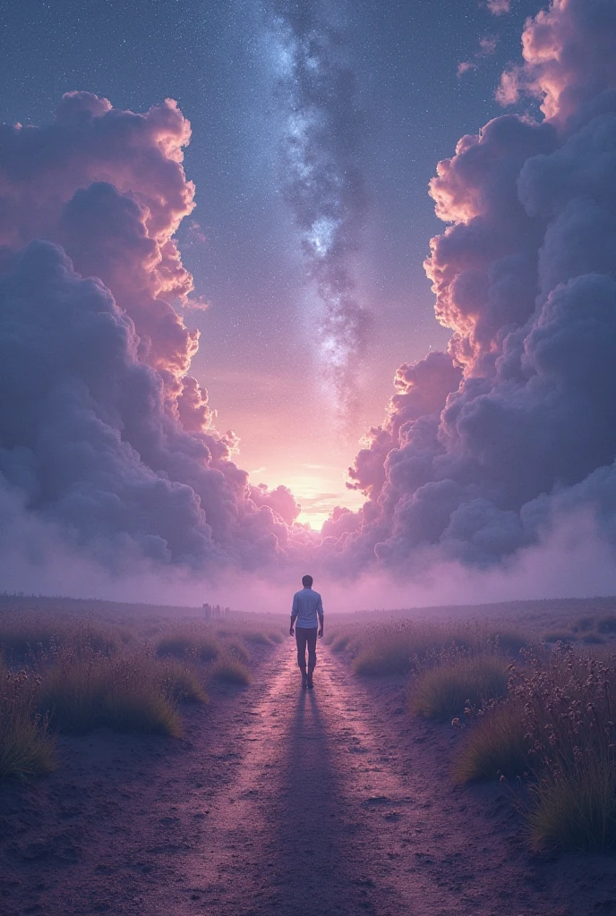 Crossroads of Dreams"

In the vast and hazy landscape of my dreams, I found myself at a crossroads. } In front of me stretched out two paths, each one evoking unknown promises and mysteries. To the right, I observed two men: one tall ,  lens with an imposing figure , with a look that seemed to reflect the wisdom of the; and the other lower,  whose presence , although not so impressive, , a captivating and sparkling energy.

As these men began to talk to each other, my steps took me up, as if an invisible force impelled me to ascend. This path was not flat; was full of ups and downs, of unexpected twists. looking back, I saw the faces of men, each one representing a part of me that was in constant dialogue: logic and intuition.

The surrounding sky shone with surreal colors, intense purple and blue, creating an almost dreamlike environment. I felt that this crossroads was more than just a place; it was a symbol of important decisions in my life. The feeling of uncertainty and adventure invaded me, radiated while I kept moving towards the unknown, with the conviction that each path, each choice, would take me to a unique destination.

This image of the crossroads remained engraved in my mind, years reminding me of the importance of facing my decisions with courage, always looking for the path that resonates with me true being.