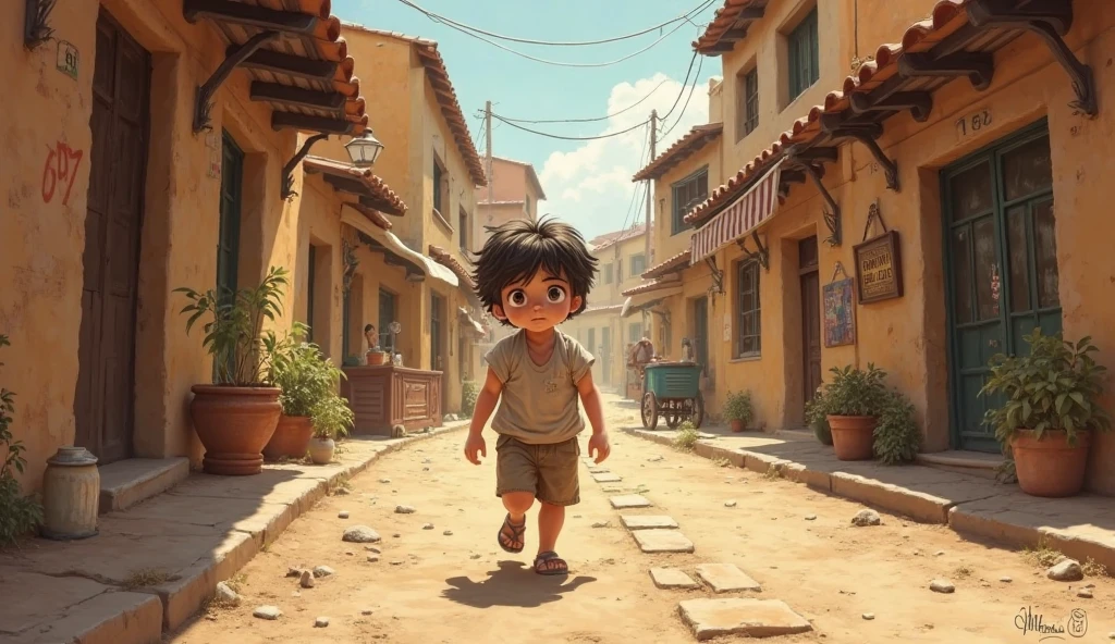 A boy walking through dusty streets in a town 